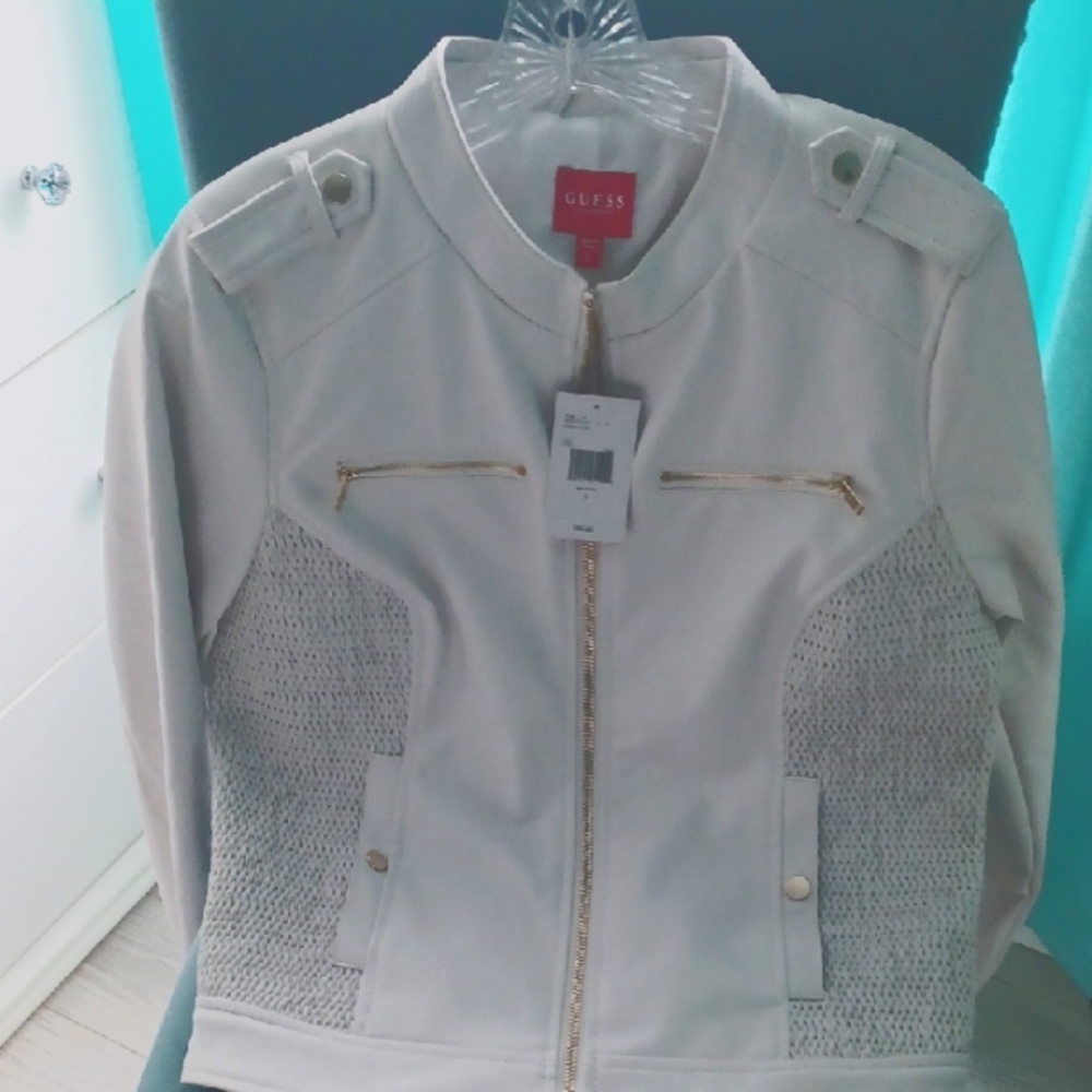 Guess White Bomber Style Jacket  White Faux Leather